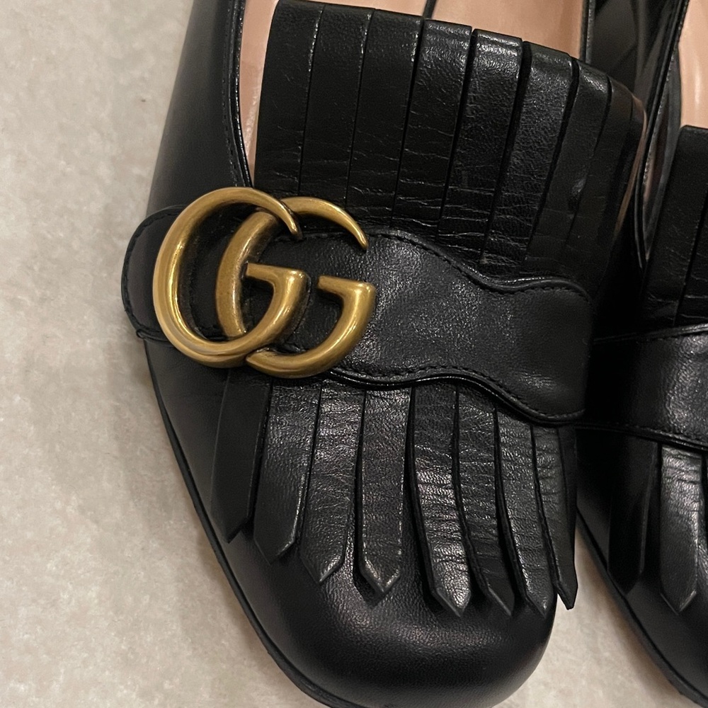 Gucci Black Leather Fringe Marmont Loafer Mid-Heel Pump - Picture 3 of 9